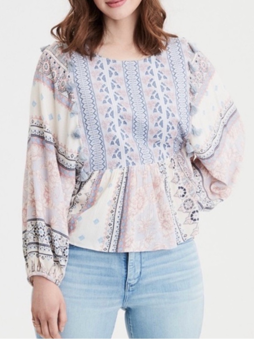 American Eagle Outfitters Pastel Floral Peasant Blouse - Blue & Cream